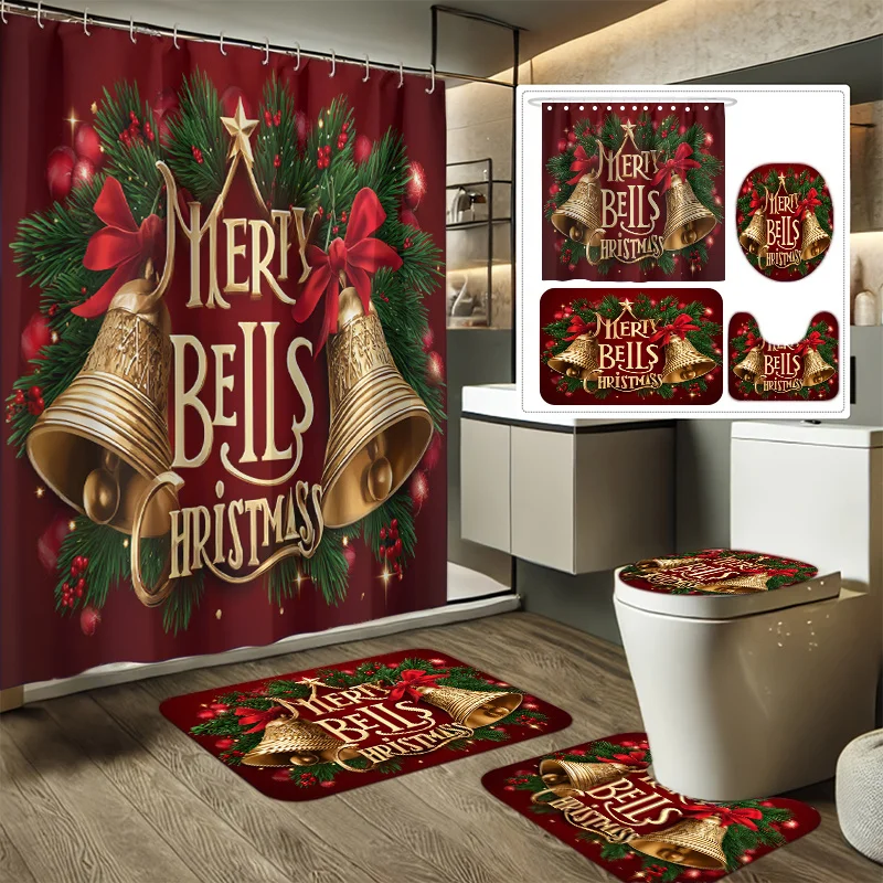 4Pcs Christmas Bell Blessing Shower Curtain Set, Holiday Bathroom Decor with 12 Hooks, Non-slip Mat , Xmas Gift Set