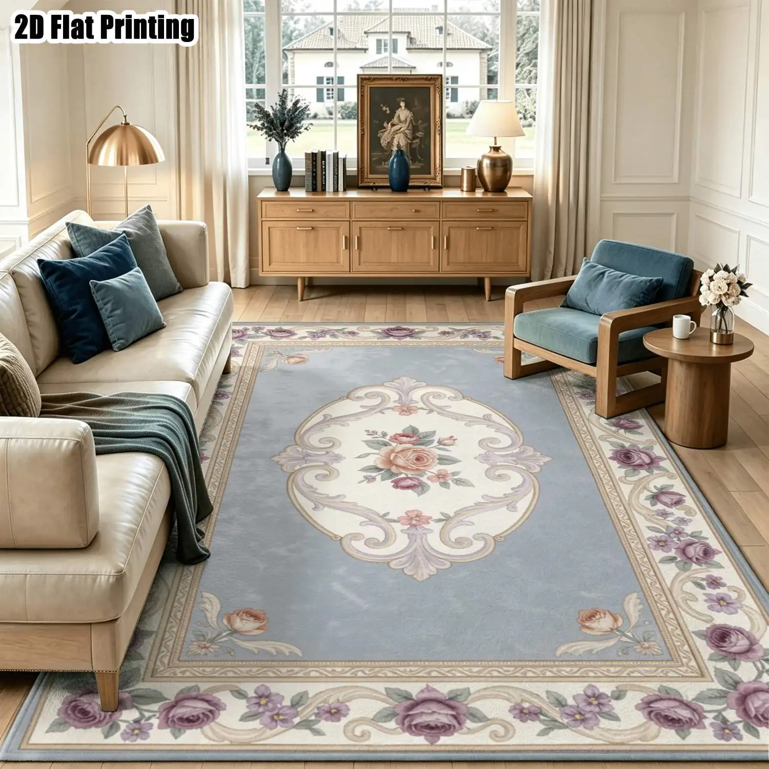 1Pc 2D Printed Blue-Grey Floral European Vintage Geometric Carpets: Machine-Washable, Multi-Size, Ideal for Home Decor Such as Entryway/Dining Room/Foyer/Bedroom/Living Room Mats