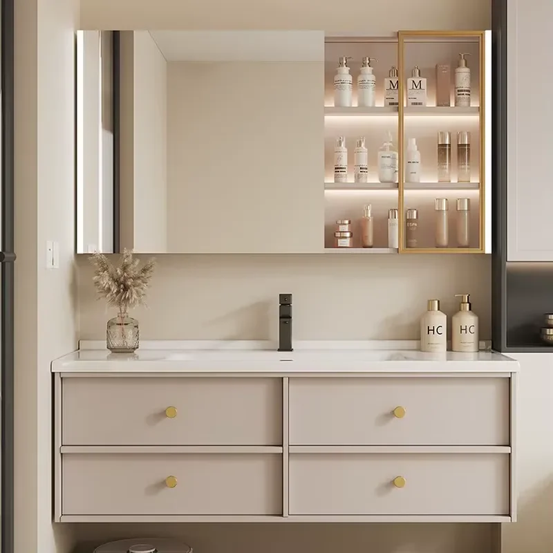 Modern Design White Bathroom Cabinet with Mirror and Multiple Drawers Wall-mounted for Storage