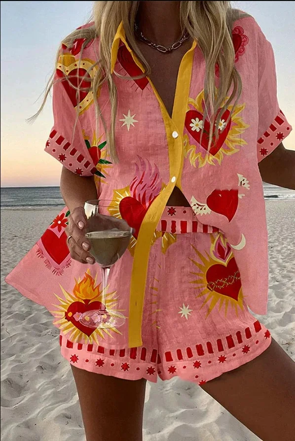 Modeprint Oversized Strandvakantie 2-delige set Dames Zomer Shirt met korte mouwen Top + Wijde pijpen Korte tweedelige damesoutfit