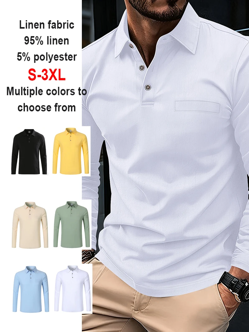 Men's Linen Blend Long Sleeve Polo Shirt with Chest Patch Breathable Lapel Collar Button Placket Casual Tops for Spring Fall