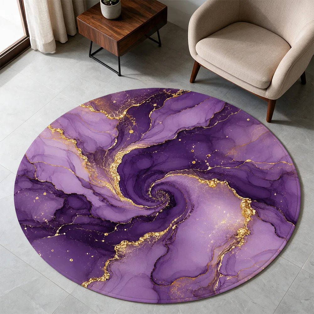 Luxury Purple Marble Gold Vein Round Area Rug for Living Room Boho Chic Home Decor Accent Mat