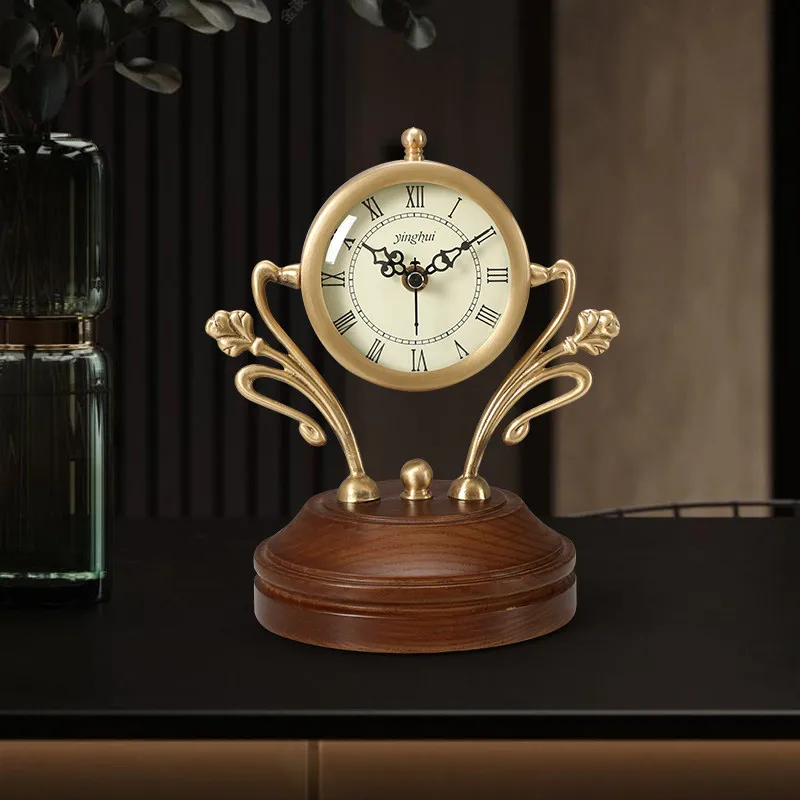 American retro desktop clock Solid wood European home living room small seat clock Creative brass decorative seat clock