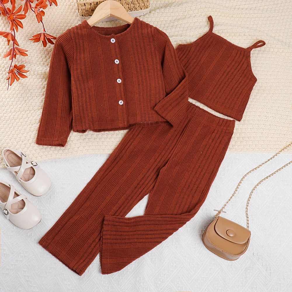Autumn Promotion Solid Color Three Piece Camisole Vest+cardigan+pants for Girls 3-7