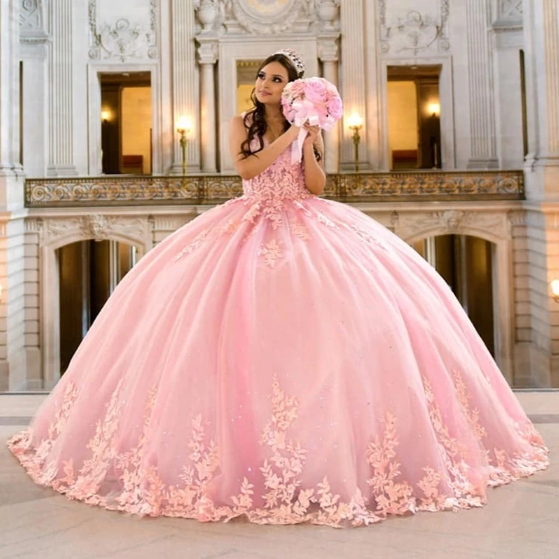 

Pink Shiny Quinceanera Dresses Ball Gown Off The Shoulder Applique Lace Beading Tull Party Birthday Sweet 16 Dress Vestidos De