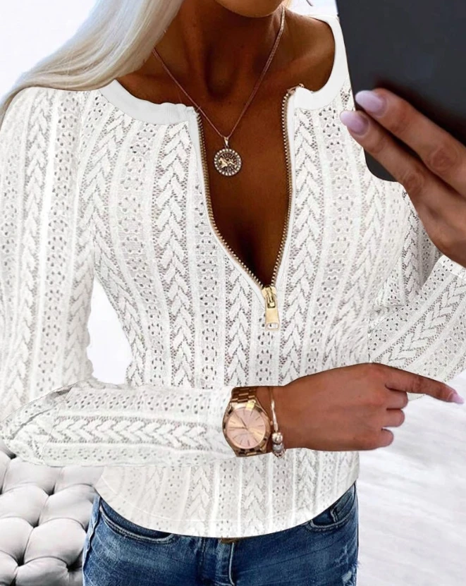 

Zipper Design Women's Blouse Eyelet Embroidery Pullover White Slim Fit Casual Women Clothing Women Autumn New Solid Basic Tops