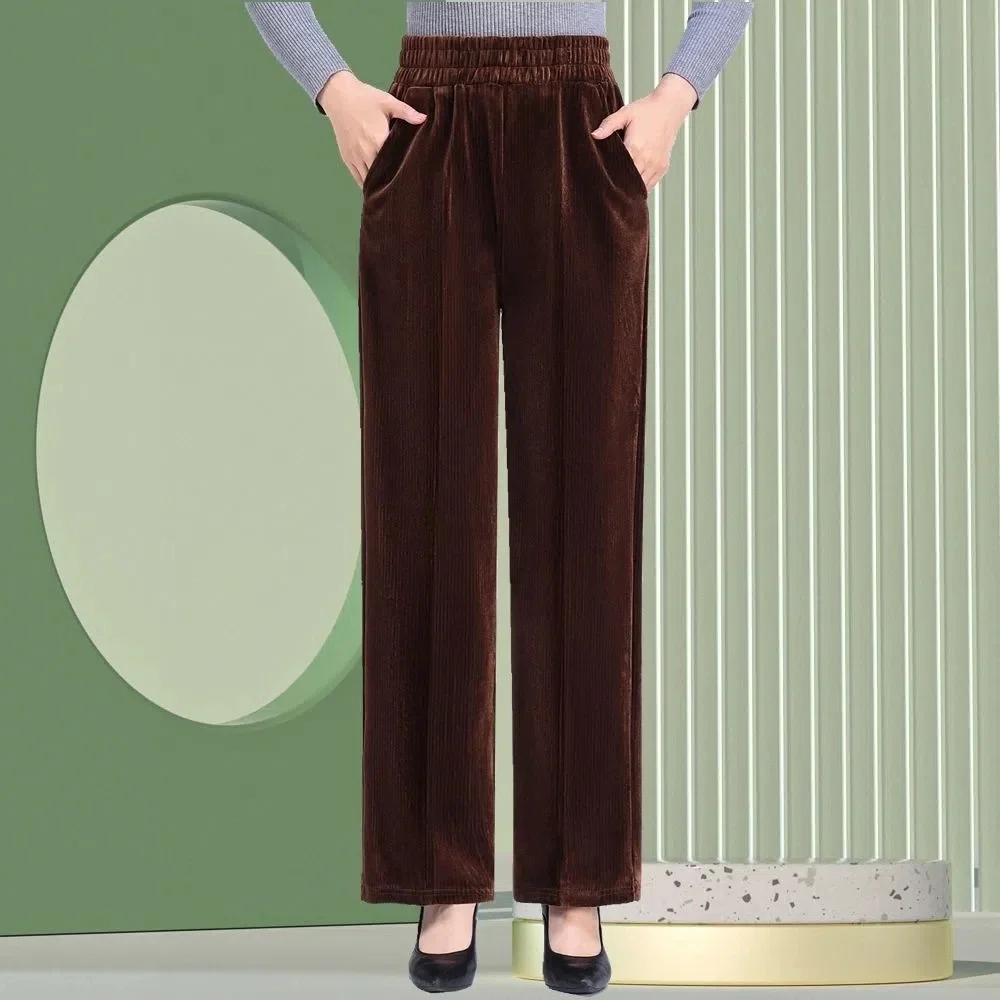 

Повседневные прямые брюки с высокой талией, большие размеры, свободные толстые брюки для мам, осень-зима, женские вельветовые брюки среднего возраста, эластичные
