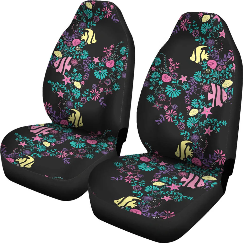 Pastel Ocean Chalky Style Water Themed Car Seat Covers Fish and Sea Sh,Pack of 2 Universal Front Seat Protective Cover