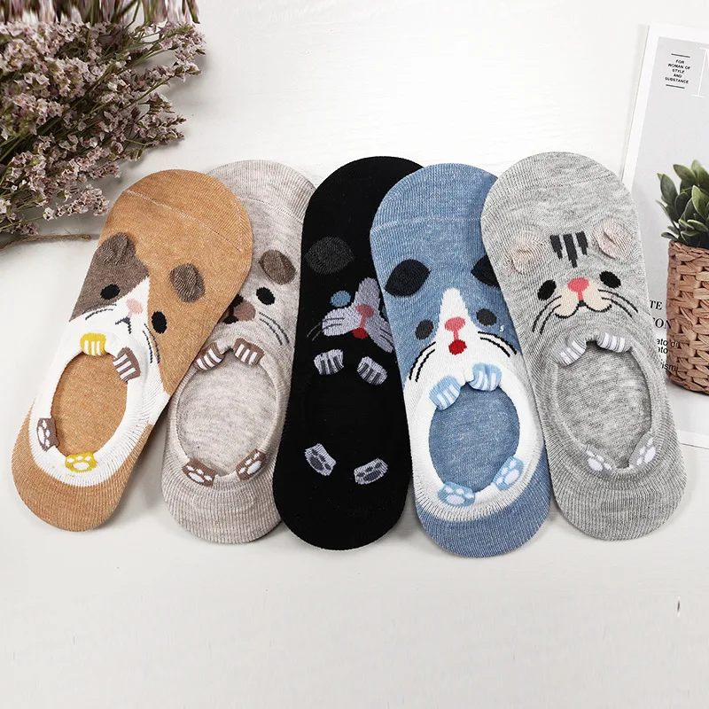 

5 Pairs/lot Cute Harajuku Animal Socks Women Summer Korean Cat Bear Rabbit Funny Low Cut Ankle Sock