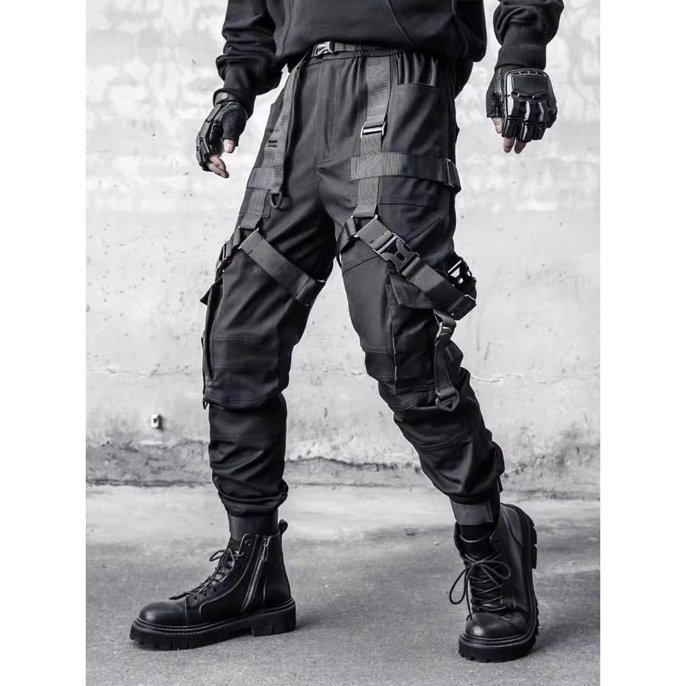 Hip Hop Tactical Pants Men Ribbons Joggers Cargo Trousers 2025 Spring Functional Elastic Waist Fahsion Streetwear Pant Black