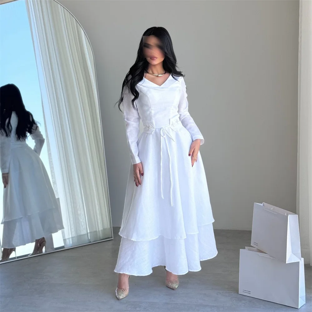 

ROYET Simple V Neck Long Sleeve White Long A Line Formal Evening Dress Ankle Length Classic Prom Gown Customized New 2025
