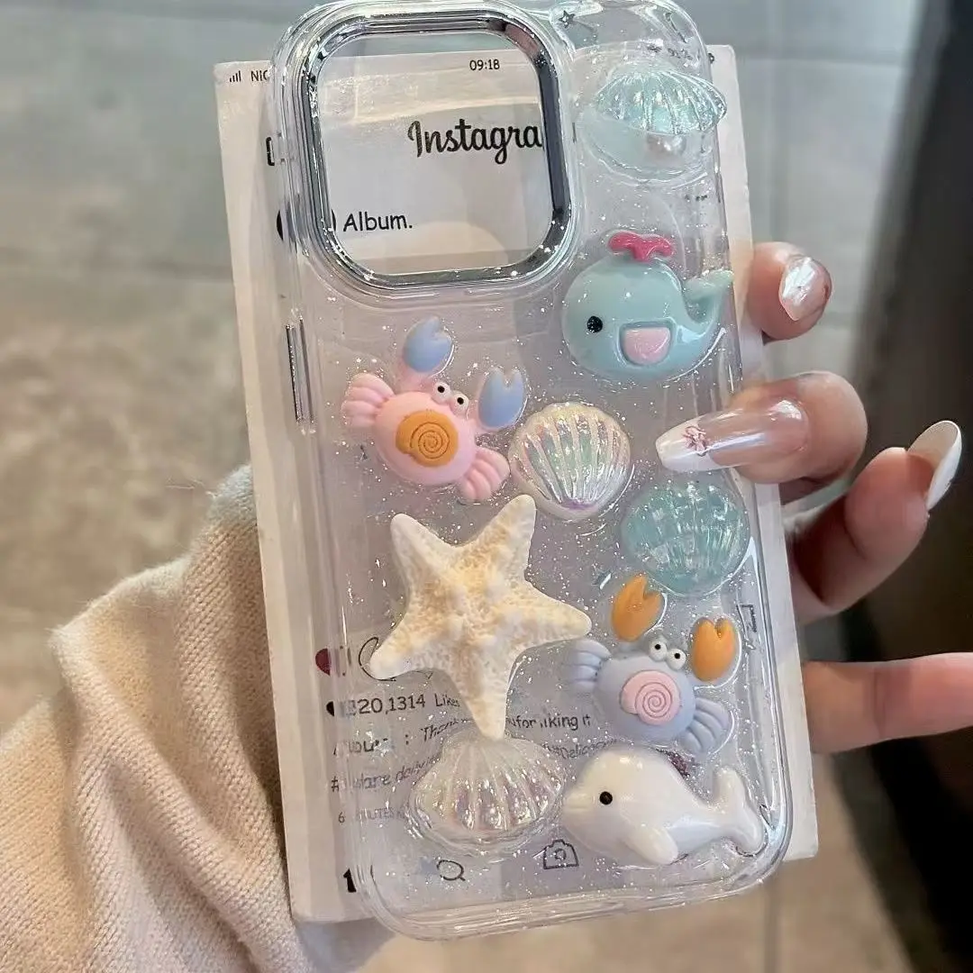 Luxury Bling Glitter Shell Starfish Sequin Phone Case For iPhone 17 Air 16 15 13 12 11 Pro Max 14 Plus XR XS 3D Cute Soft Cover