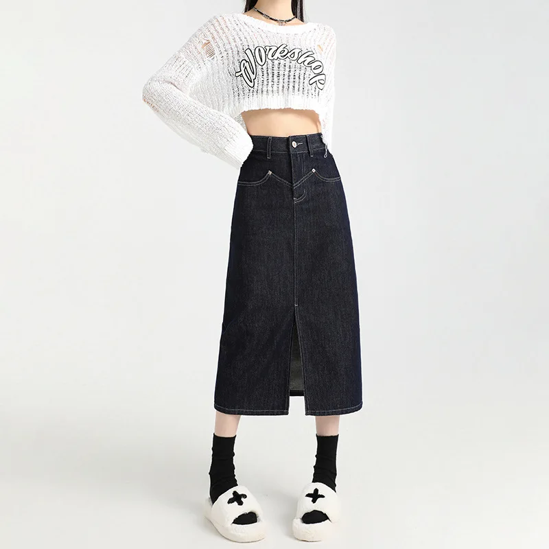 Retro Blue High-Waisted Slit Denim Skirt Women's Spring and Autumn 2025 New A-Line Skirt Mid-Length Hip Skirt