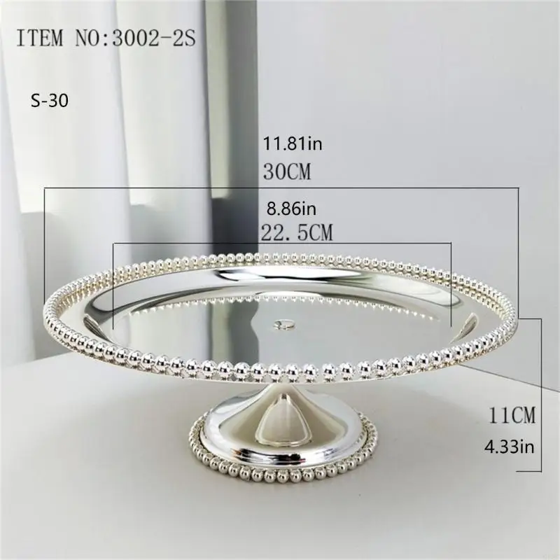 G92C 304 Stainless Steel Decorative Tray for Candy Rustproof Easy to Clean Round Cake Stand with Beaded Edges