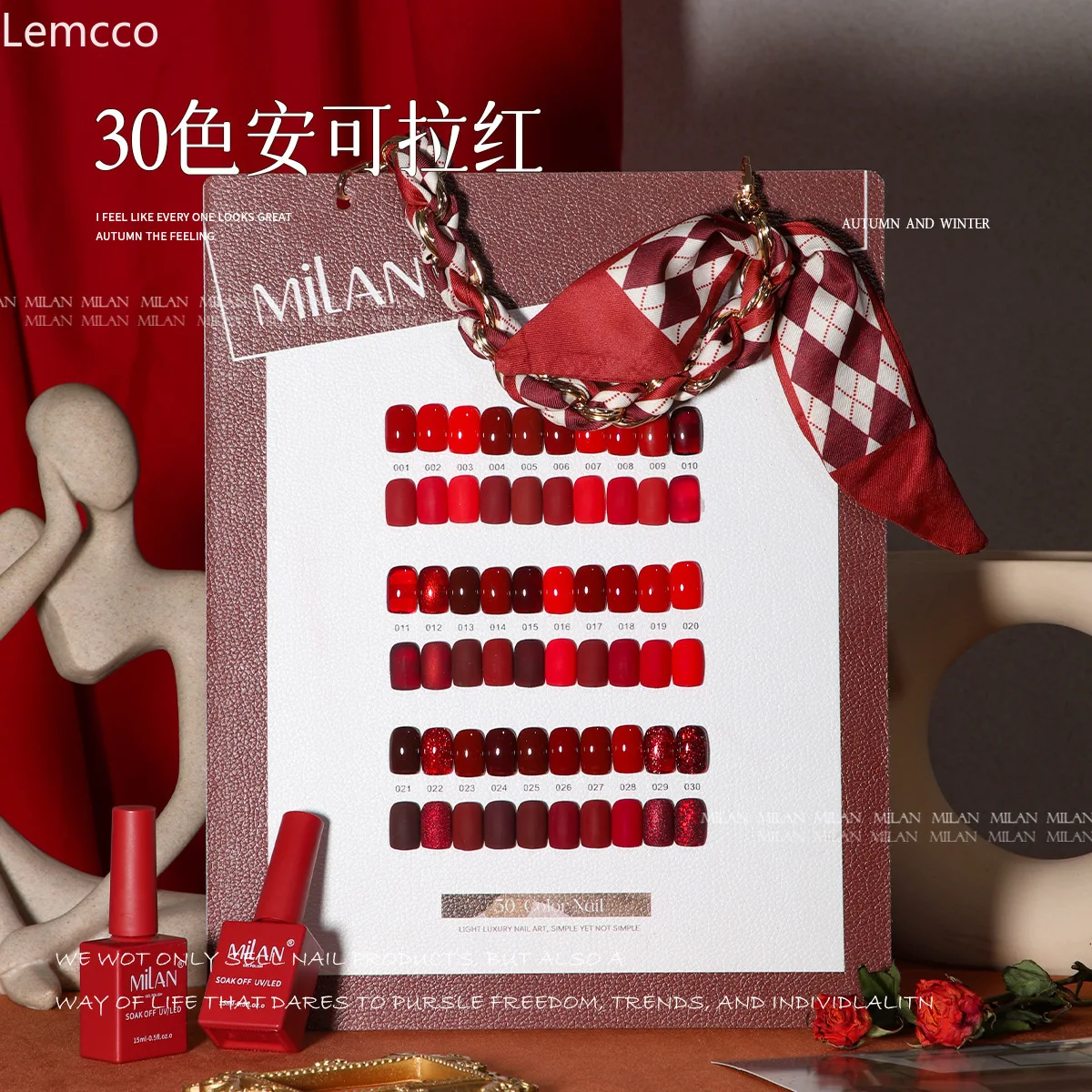 Milan Herbst Winter Halloween Rot 30-teiliges Gel-Nagellack-Set mit Karte für Nagelkunst Neujahr rotes Gel SemiPermanent UV-Gel 15 ml