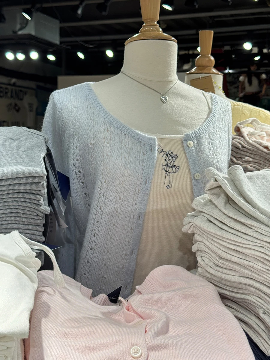 Light Blue Eyelet Thin Cardigan T-shirt Women Autumn New Scoop Neck Single Breasted Tees Sweet Casual Knitted Long Sleeve Tops