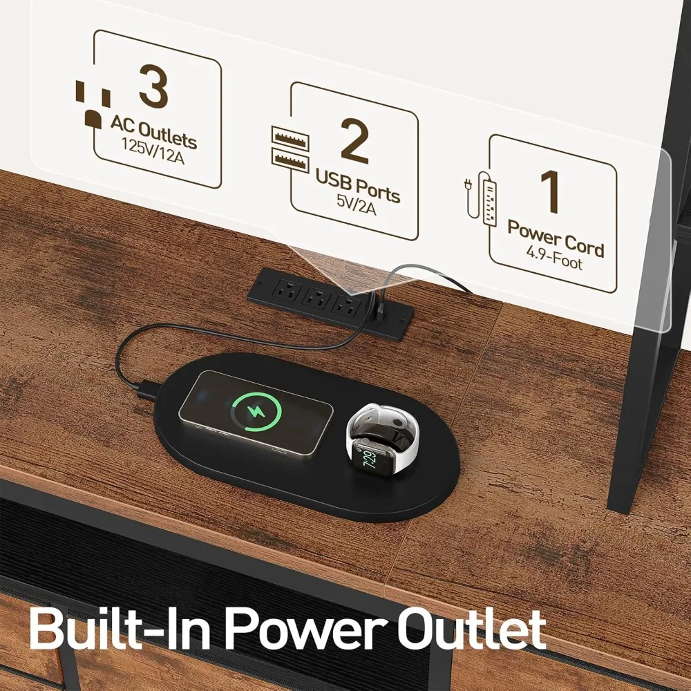 حامل تلفزيون مع منافذ طاقة حتى 65 بوصة، مركز ترفيه وحدة حائط كبيرة LED مع رف كتب، حامل تلفزيون خزانة مع 8 PU Dr