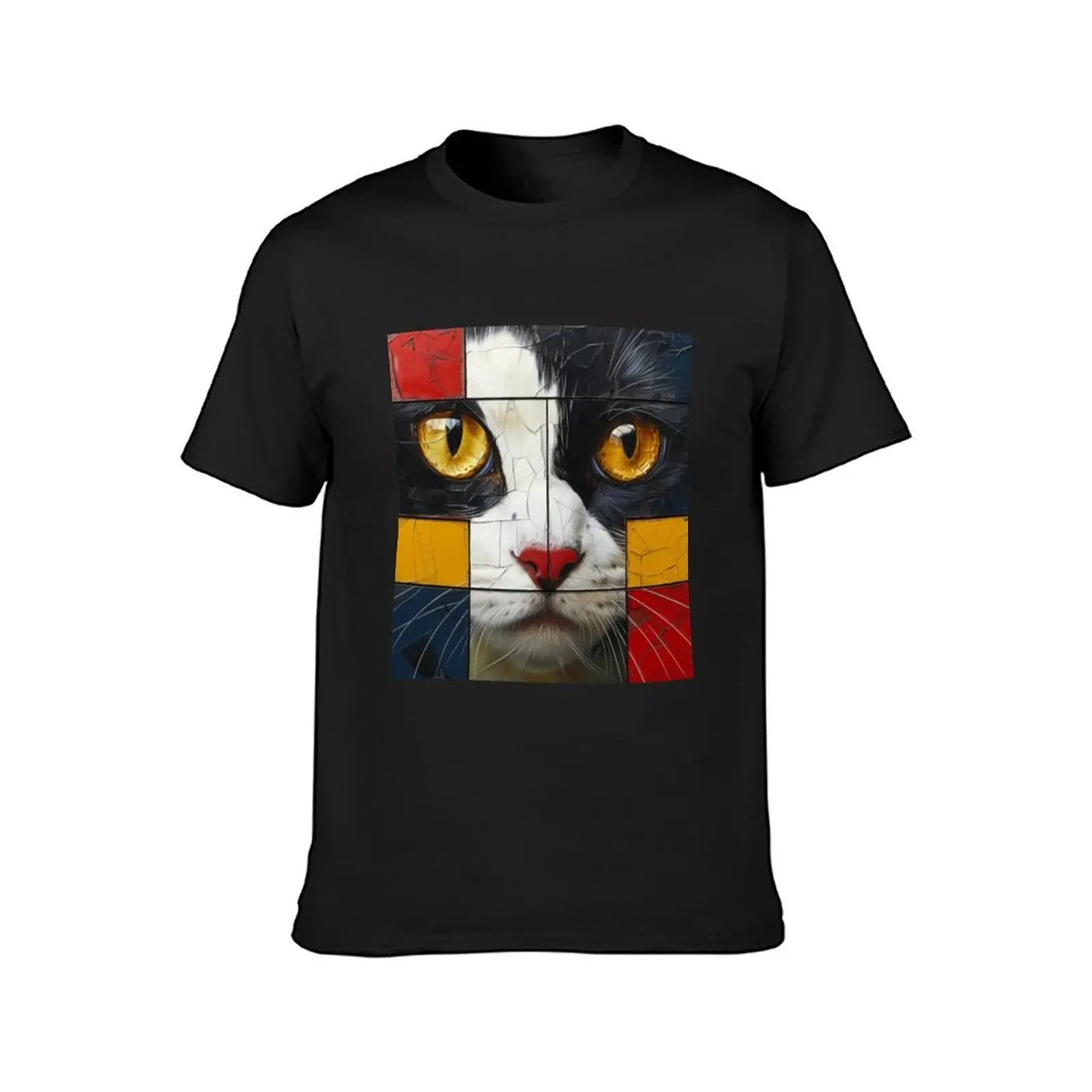 Mondrian Feline Fusion Tee, Feline Geometry Gift, Abstract Whiskers T-Shirt summer clothes sublime T-shirts for men cotton