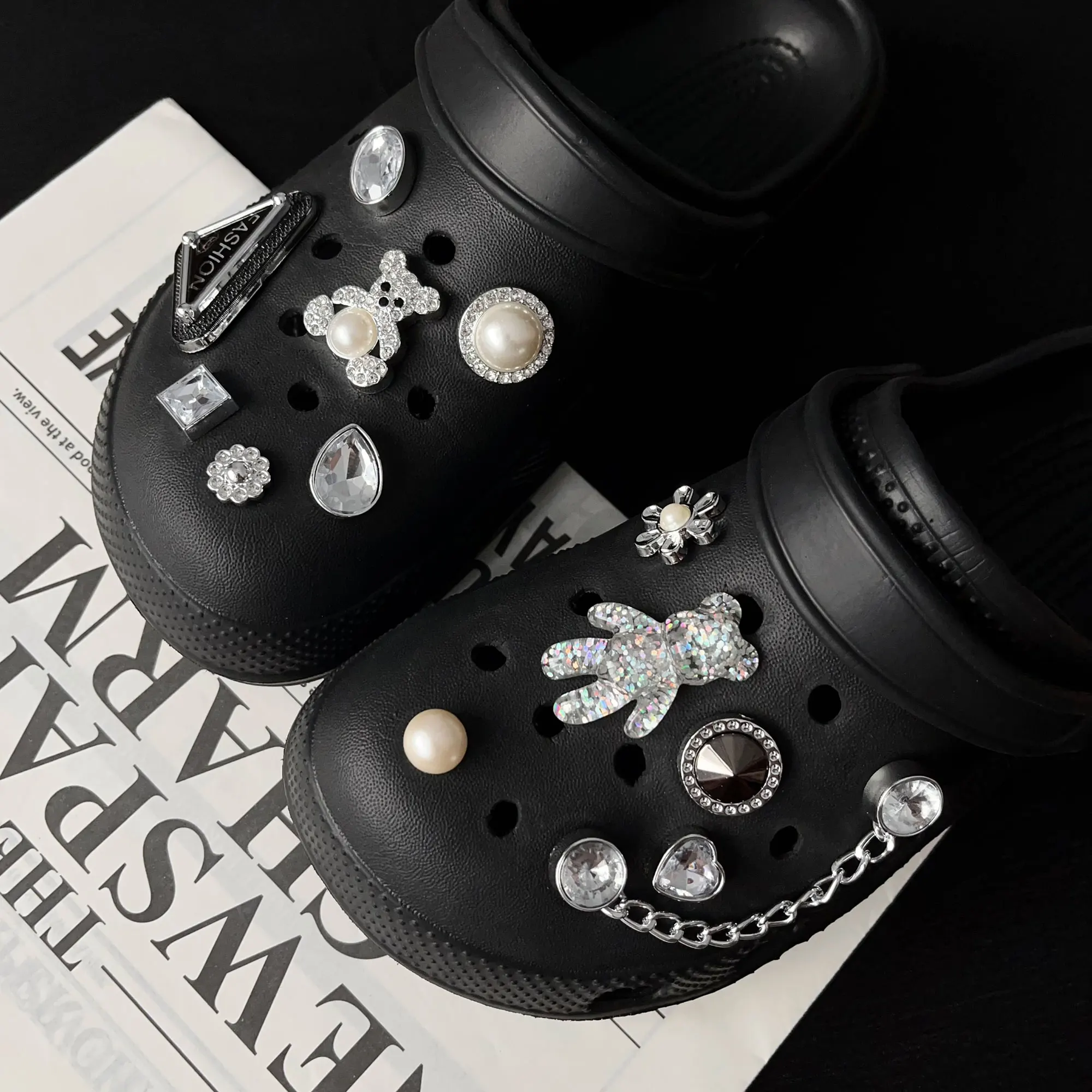 Shining Bear Pearl Strass Chain Set Schoenbedels voor Crocs Tuin Sandalen Slipper Accessoires Klompen Pins Decoratie Meisje Cadeau