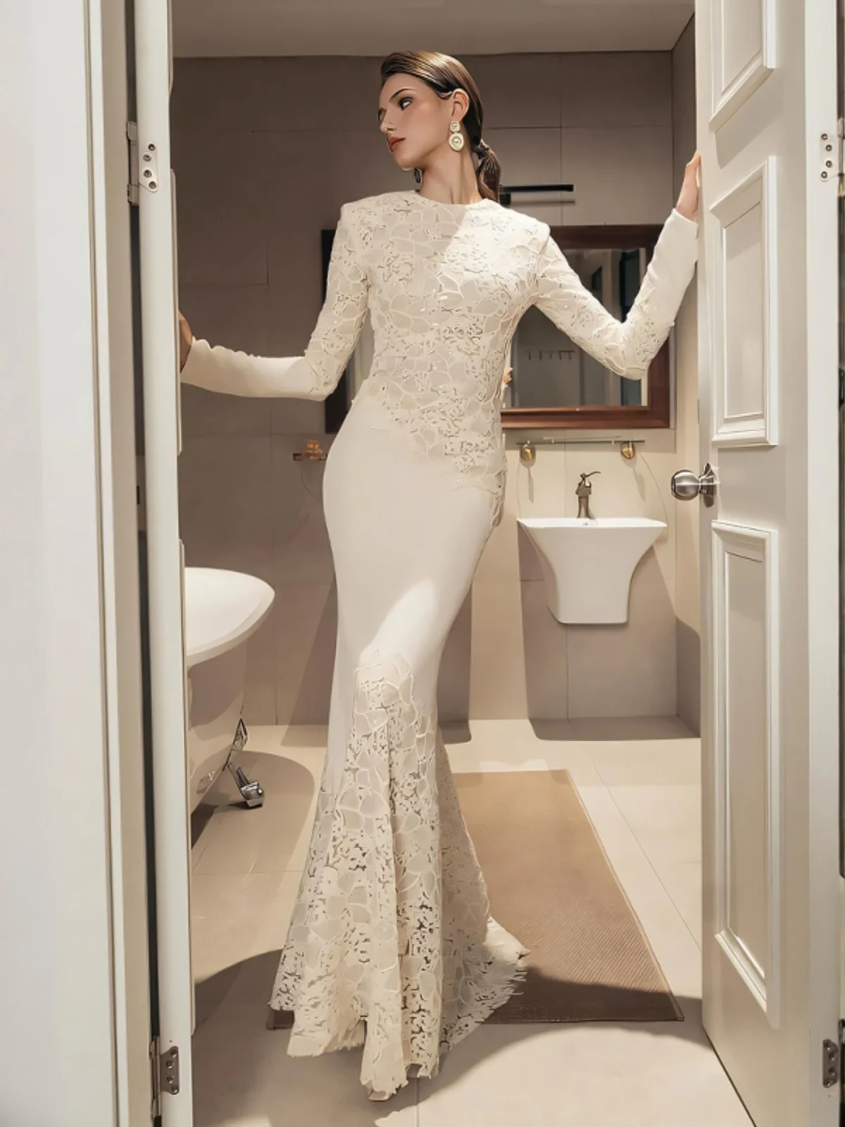 Ele – robe longue amincissante brodée de fleurs, jupe queue de travail lourd, décontractée, taille froncée, mélange de coton et de Polyester