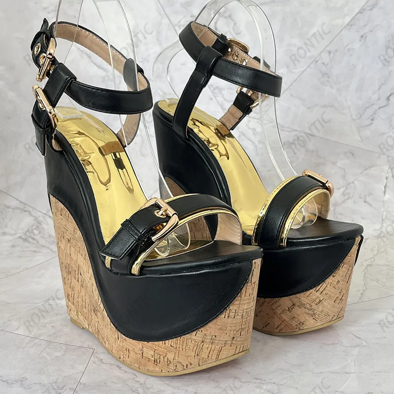 Rontic Handmade Women Gladiator Platform Slingback Sandals Wedges Heels Round Toe Gorgeous Gold Party Shoes US Plus Size 4-15
