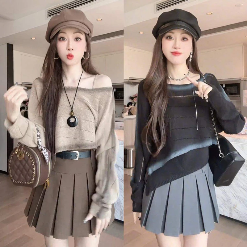 

Casual Two Piece Set Women Early Autumn Off Shoulder Knitted Shirt High Waist Pleated Skirt Slimming Fashion Set