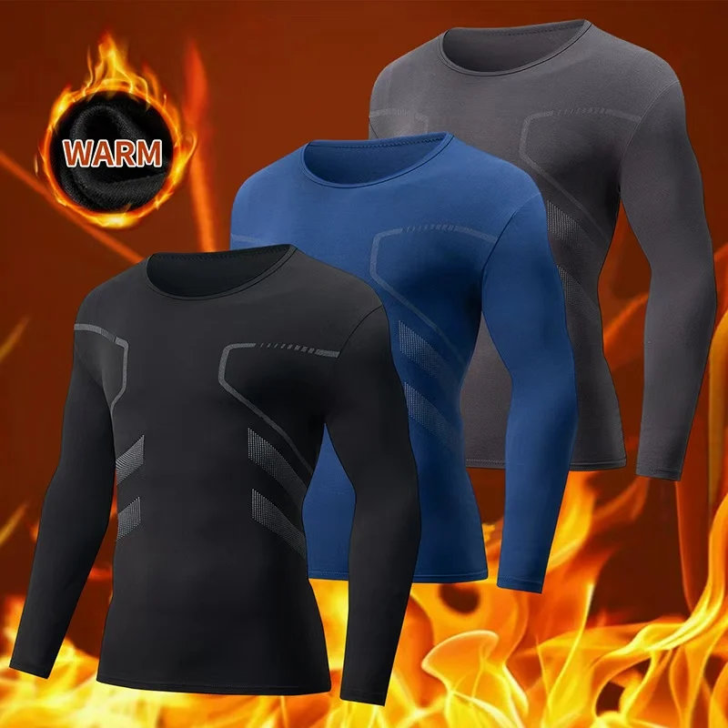 

2/3-piece Set Of Autumn/Winter Men's Printed Thermal Underwear Sports And Fitness Round Neck Long Sleeved T-shirt Top Base Shirt
