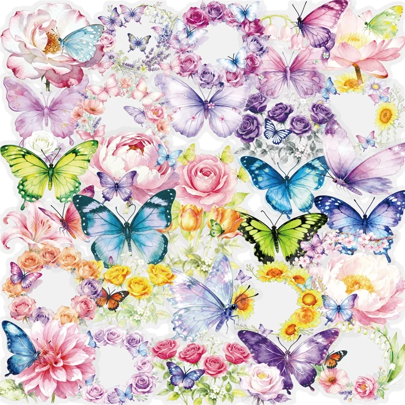 

56PCS Kawaii Butterfly Flower PET Sticky Sticker Aesthetic Transparent DIY Phone Laptop Luggage Skateboard Graffiti Decals