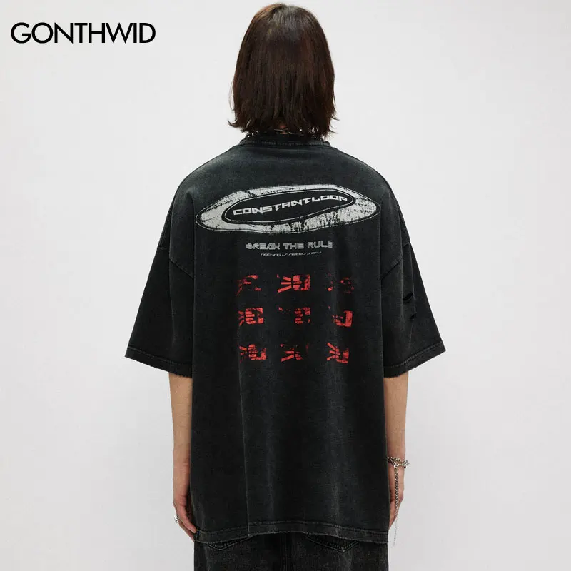 Vintage Holes T-Shirt Streetwear Hip Hop Letter Graphic Print Washed Distressed Tshirt Grunge 2024 Harajuku Punk Oversized Tops