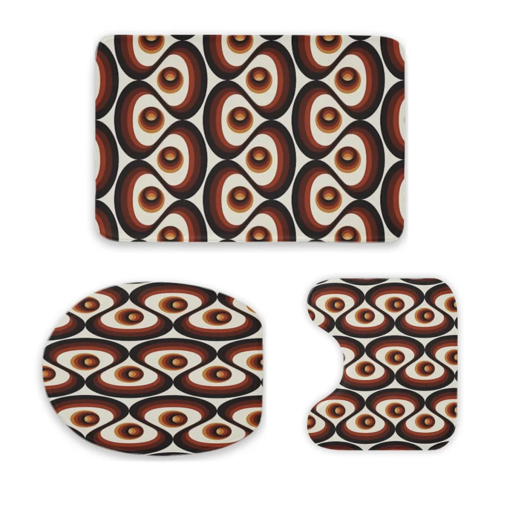 

Orange, Brown, and Ivory Retro 1960s Circular Pattern 3 Sets Bathroom Antiskid Pad Bath Carpet Floor Mat Rug Flannel Baths Mat