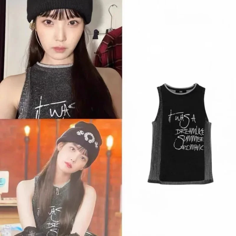 

IU YUQI Letter Knitted Tank Top Summer 2024 New Women's Star Same Style YUSEd Black Short Performance Dress Loose Pullover Top