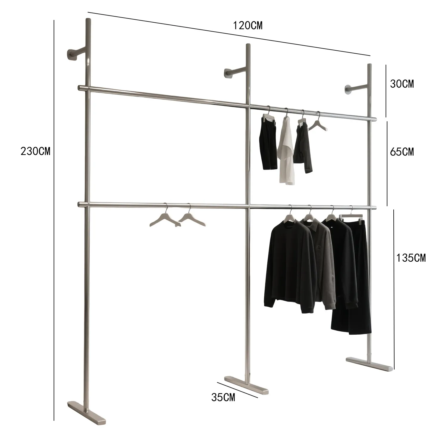 Clothing Store Display Stand Wall-mounted Stainless Steel Clothes Hanger Simple Women Clothing Store Double-layer Display Shelf