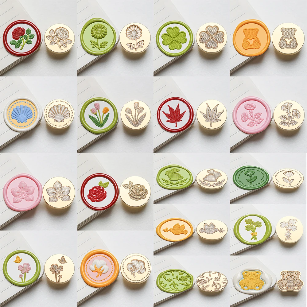 

3D Wax Seal Stamp Woven Embroidery Series Embossed Flower Leaves Bear Wax Sealing Stamp Head for Diy Decor Envelope Gift Card