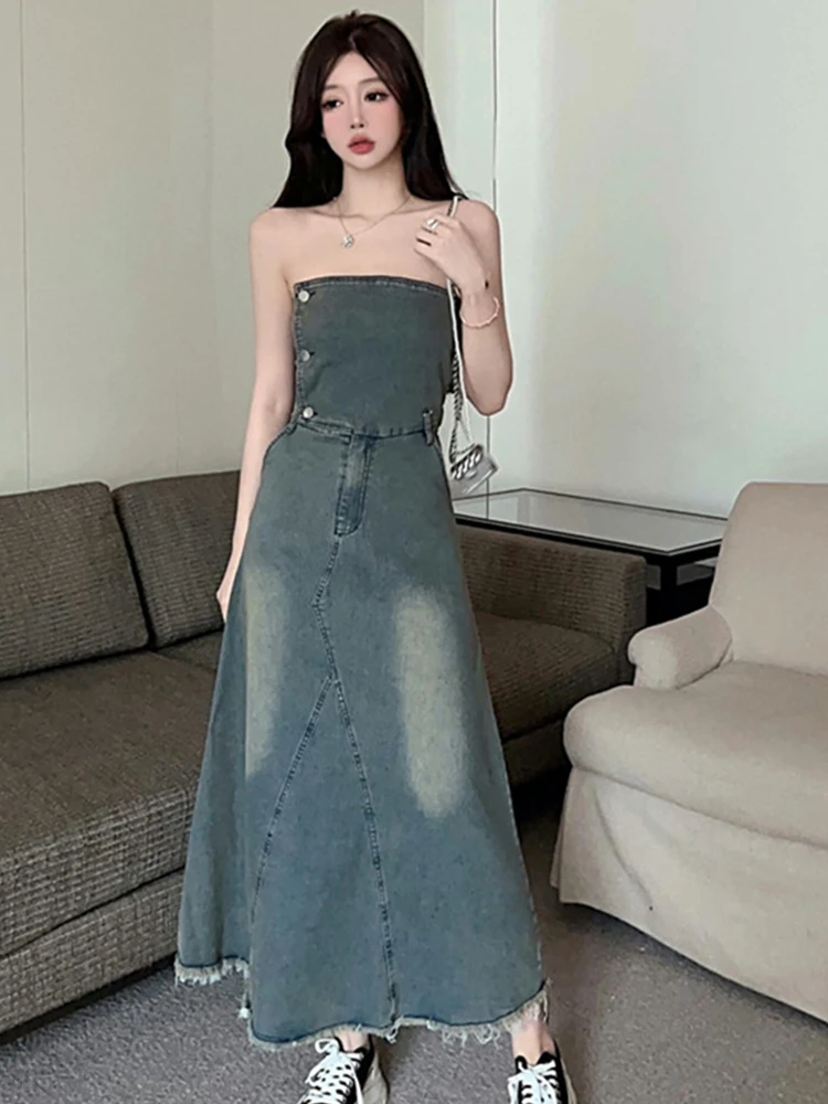 

Fashion Y2K Summer Women Long A-Line Dress Retro Casual Denim Sexy Chest Wrapping Slim Midi Party Mujer Vestidos Street Clothes