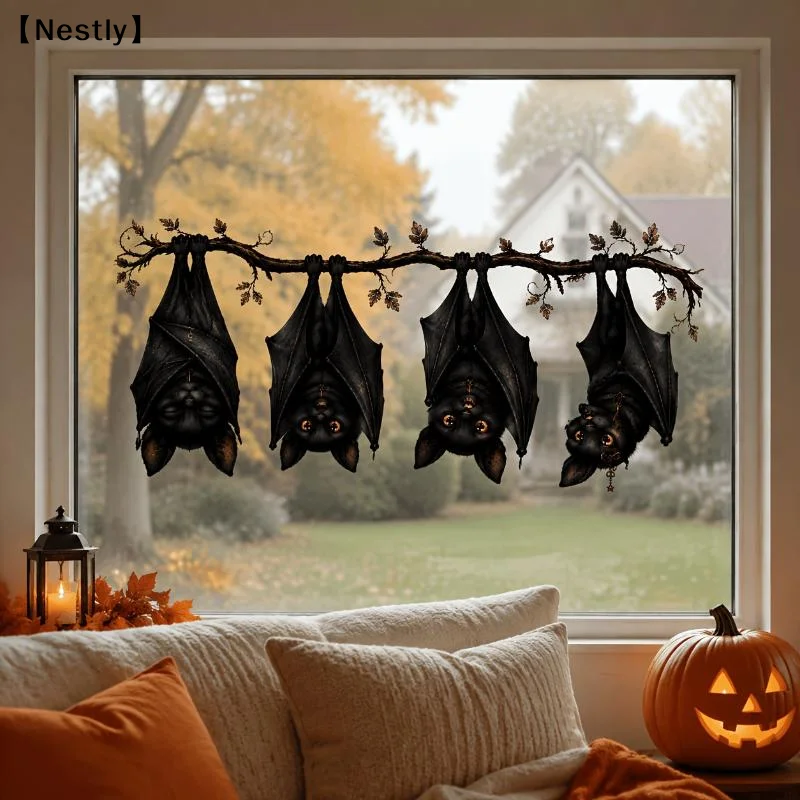 1pc Halloween Hanging Bats Window Sticker | Black Witch Bat Branch Wall Decal | Removable High Quality Home Decor 〔Nest〕