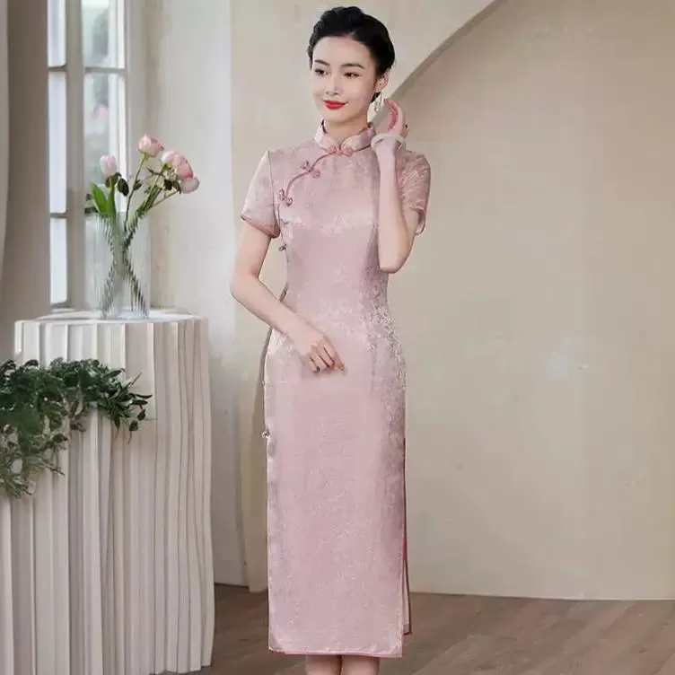 

High-End Quality Real Silk Cheongsam Qipao Summer Women's Jacquard Improved Interwoven Dress Chinese Style Dress