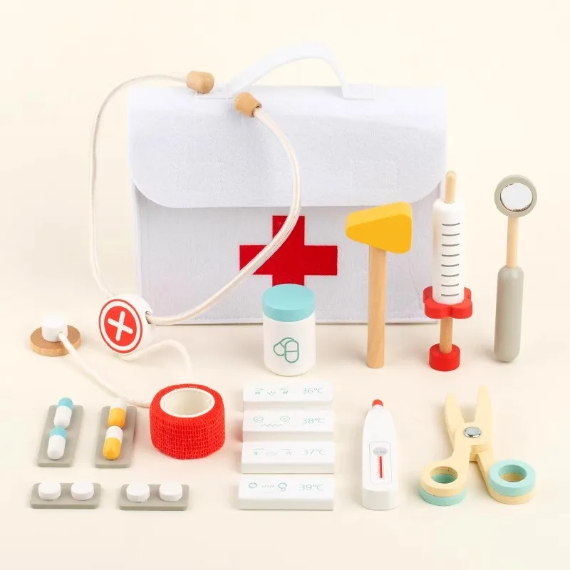 Kit médico de madeira para crianças, conjunto de brinquedos para crianças com bolsa médica para meninos e meninas, divertido jogo de dramatização