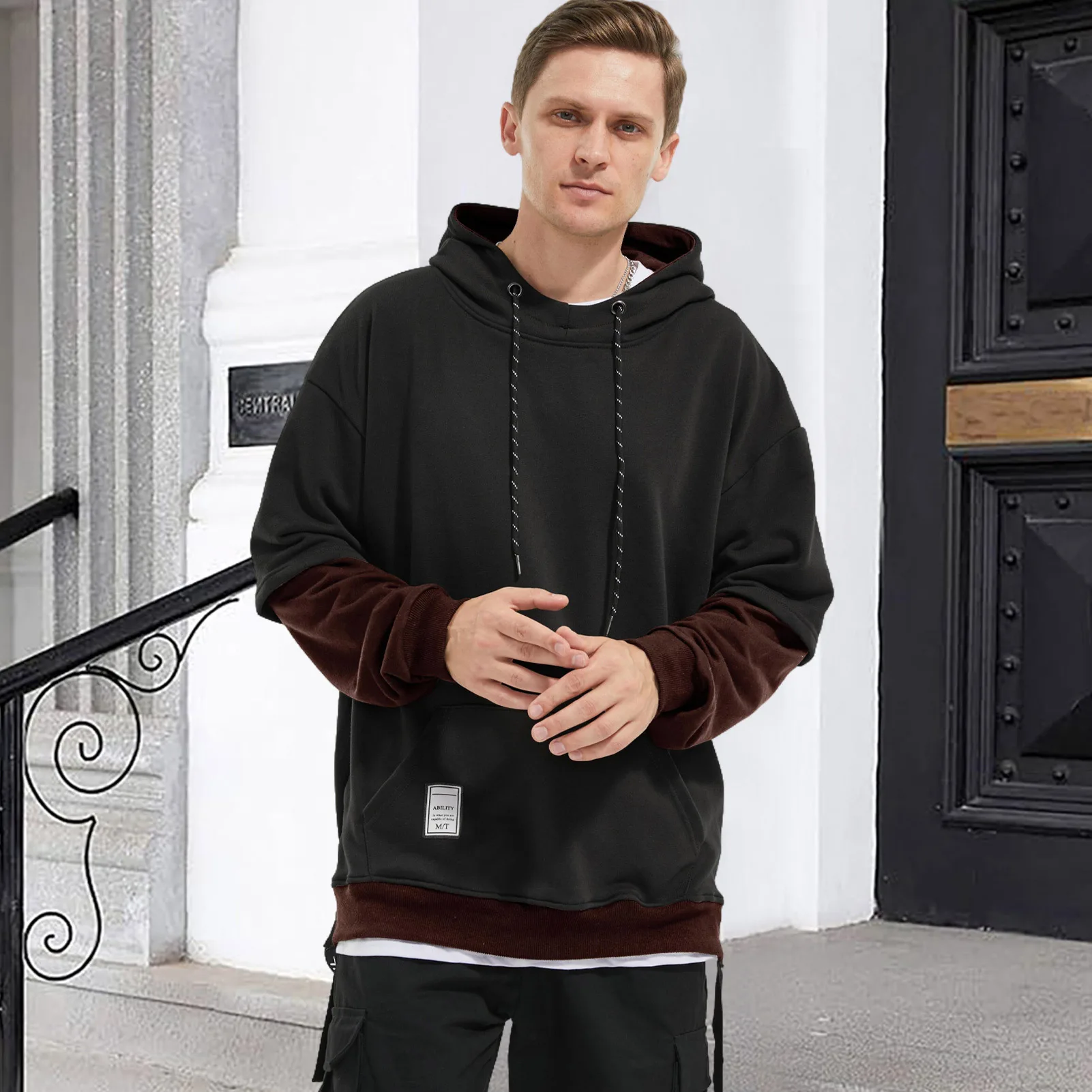 Mens Colorblock Pullover Casual Hoodie Hip Hop Tops Unisex Hooded Sweatshirt with Design