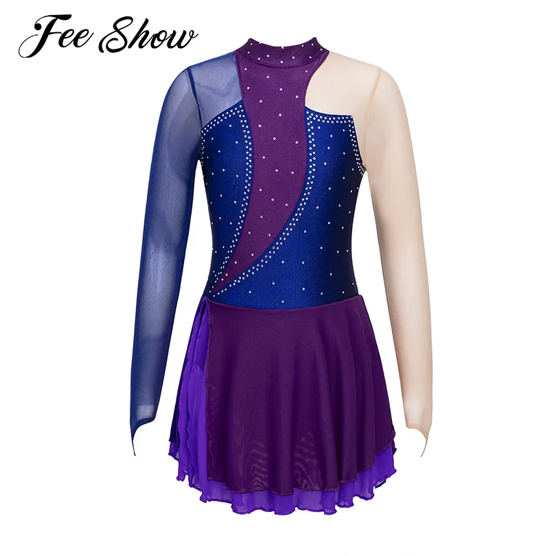 Kids Girls Figure Skating Dress Shiny Rhinestone Long Sleeve Ballet Dance Dress Gymnastics Leotards Performance Dancing Costumes