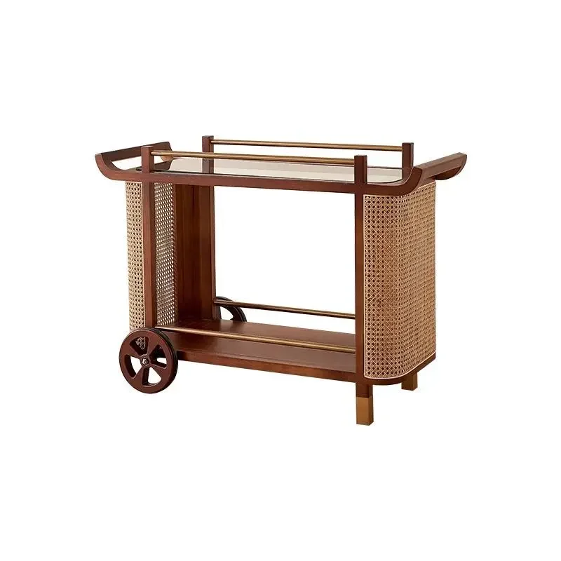 French medieval cart, side by the sofa in the living room, movable dining car, solid wood double layer, shelf, hotel commercial