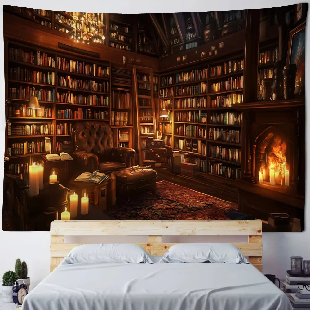Magisches Bücherregal-Wandteppich, Bibliotheks- und Wohnzimmer-Wanddekoration, Ästhetische Wohnheim-Dekoration, Kunst-Hintergrundbanner, Stoffbehang