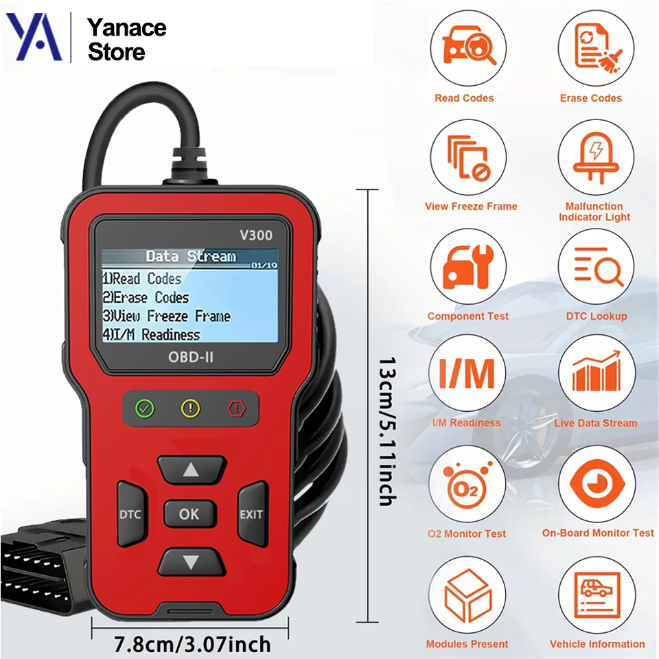 

OBD2 Scanner OBDII CAN Code Reader Read Erase DTC Live Data I/M O2 Test Freeze Frame Vehicle Info Diagnostic OBDII Standard Cars