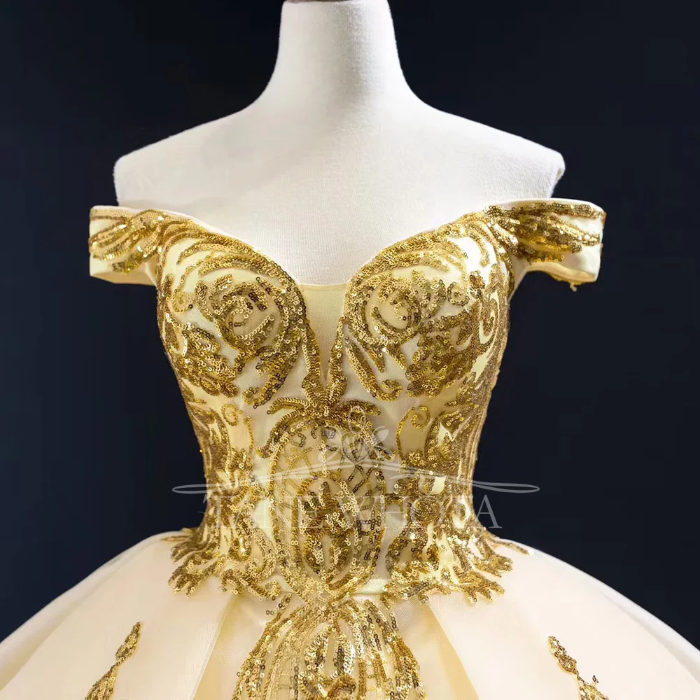 Champagne Luxury Party Dress Sweetheart Off Shoulder Evening Gown With Sequined Lace-Up Back For Women