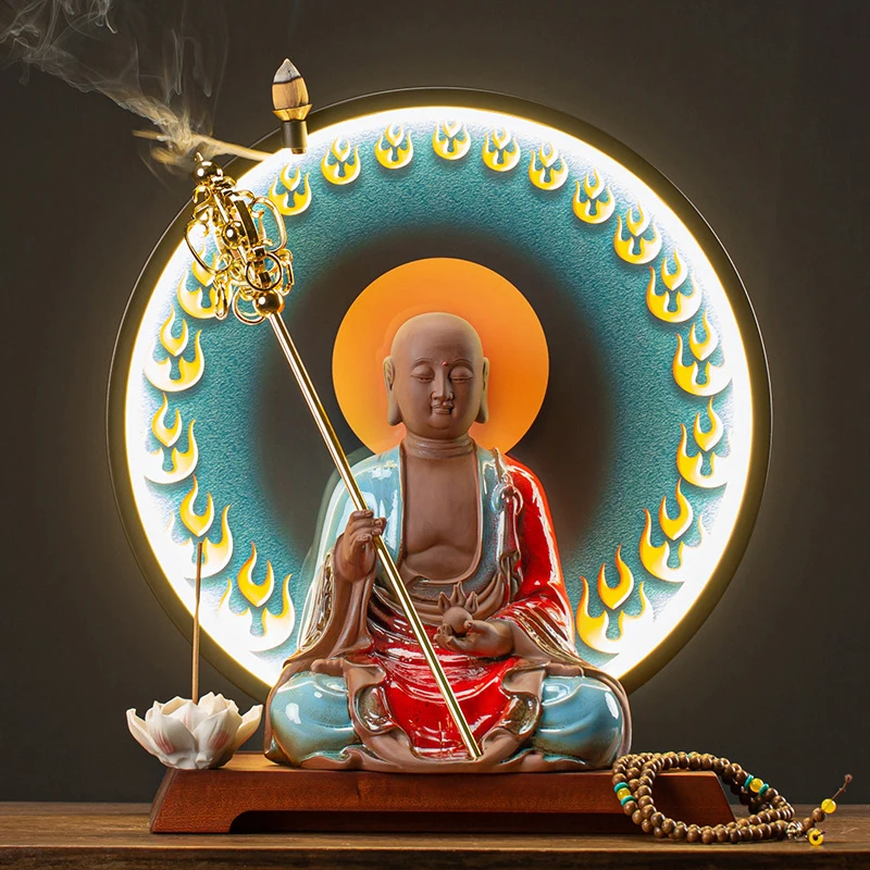 Zen-Inspired Large Decorative Piece With A Staff, Ceramic Buddha Statue For Villas, Clubs, And Living Rooms, Home Decor Craft