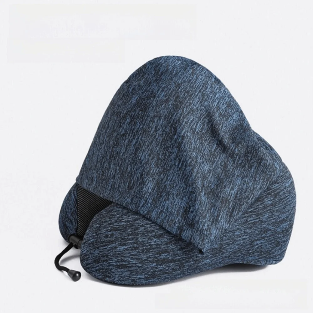Adjustable Drawstring Hooded Travel Pillow Removable Washable U-shaped Pillow with Cap Comfortable with Storage Bag