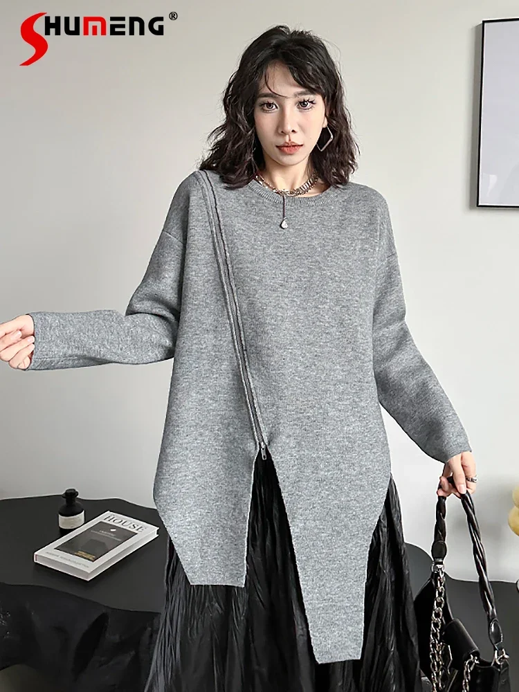 

Women's Sweaters 2023 Autumn Winter New Round Neck Solid Color Split Fashion Feminine Loose Cool Slim Fit All-match Tops