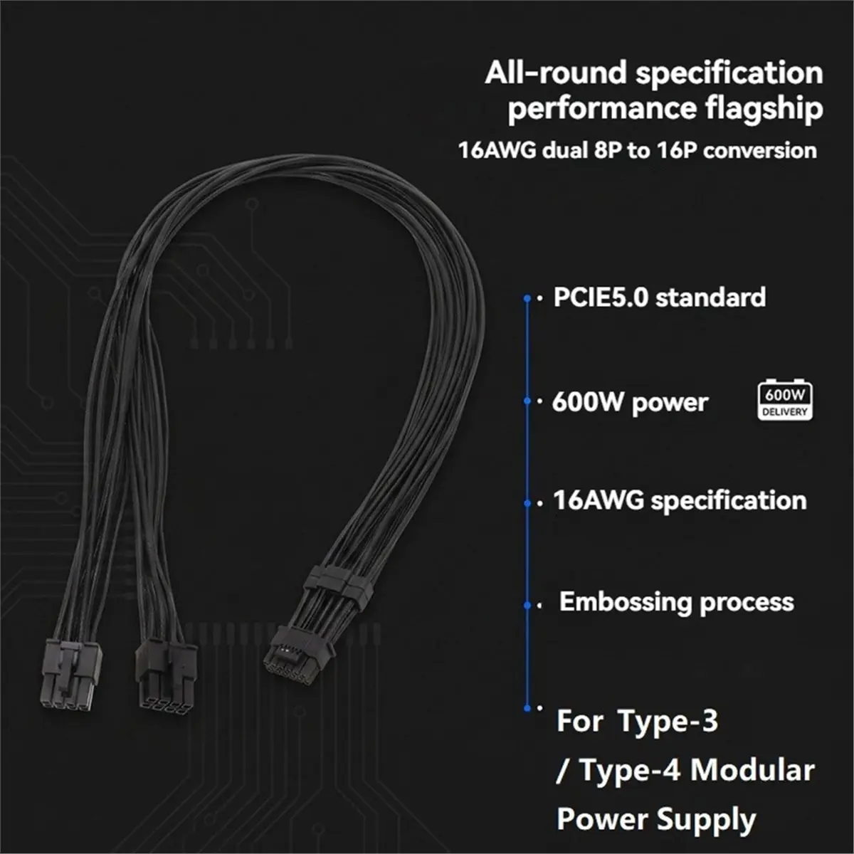 NEW FACTORY~600W PCIe 5.0 12VHPWR PSU Cable for Type-3/Type-4 PSUs, Dual 8-Pin PCIe to 12+4Pin Modular Cable for RTX4090 GPU