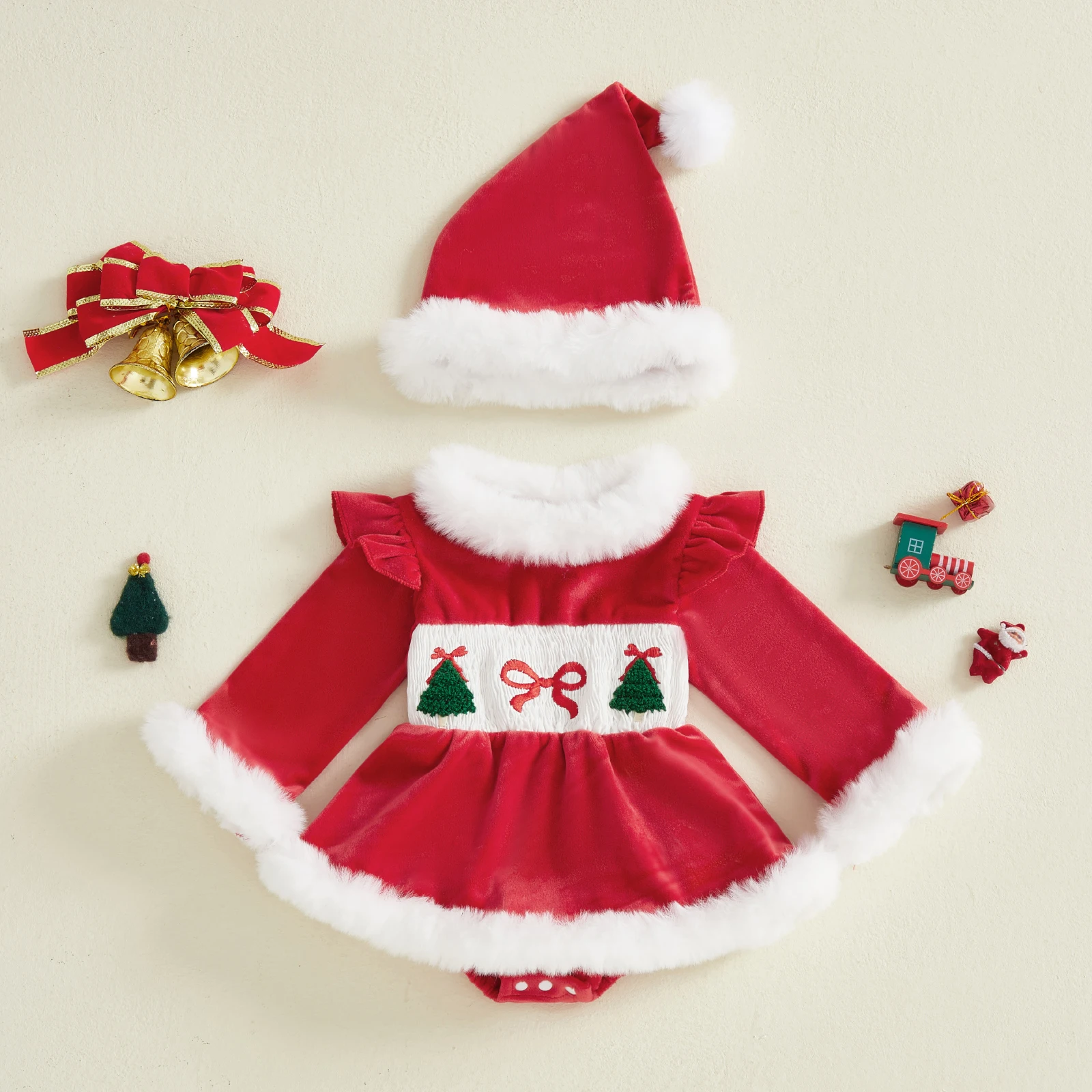 Tregren 0-24M Infant Baby Girl Christmas Romper Dress Embroidered Furry Trim Crew Neck Long Sleeve Bodysuit and Hat 2 Pcs Sets