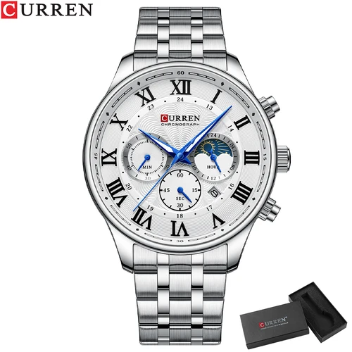 Imagen 2 del producto Reloj CURREN informal de negocios con pulsera de acero inoxidable para hombre, cronógrafo, esfera de números romanos, reloj de pulsera para hombre