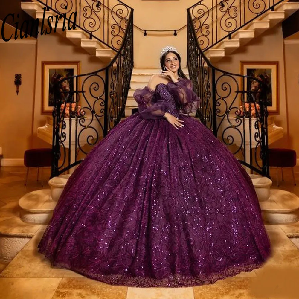 Luxo roxo Quinceanera Vestidos, Princesa Apliques, Flores, Vestido de festa, 15 Festa, 2023